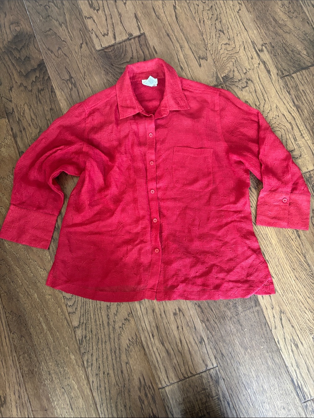 Cherry Red Textured Sheer Button-down Top
